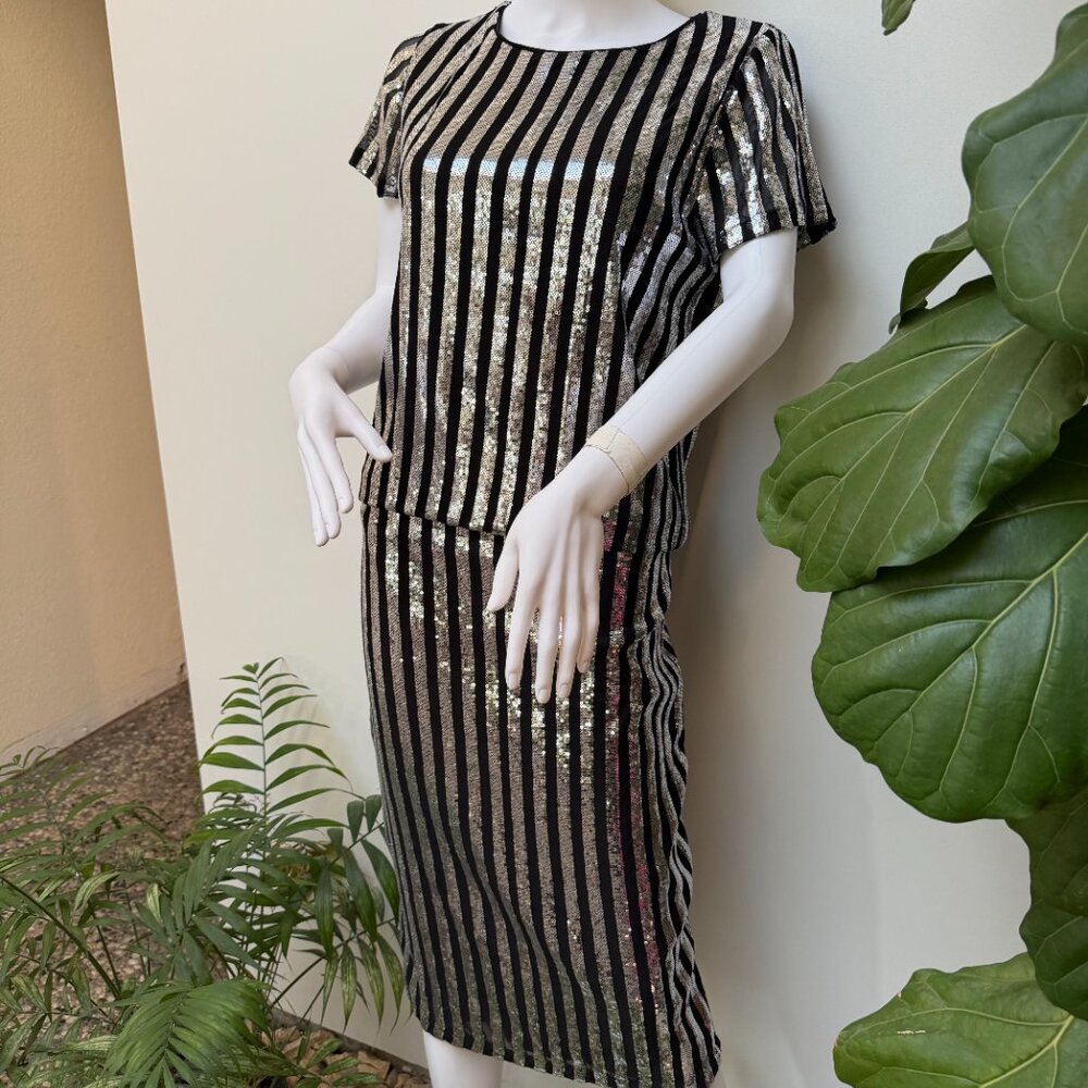 NWT Black Silver Sequin Stripe Pencil Skirt & Top Set - M